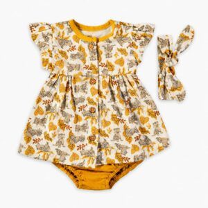 vestido bebé estampado hojas mostaza