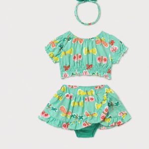 Conjunto infantil mariposas turquesa 3 piezas con diadema